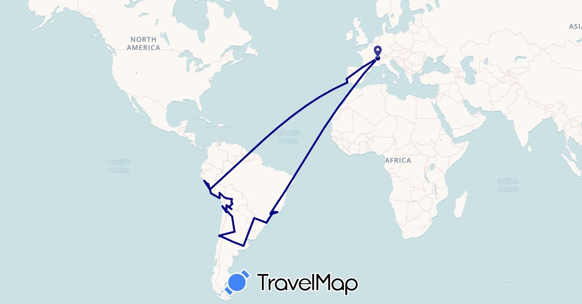 TravelMap itinerary: driving in Argentina, Bolivia, Brazil, Switzerland, Chile, Morocco, Peru, Portugal (Africa, Europe, South America)